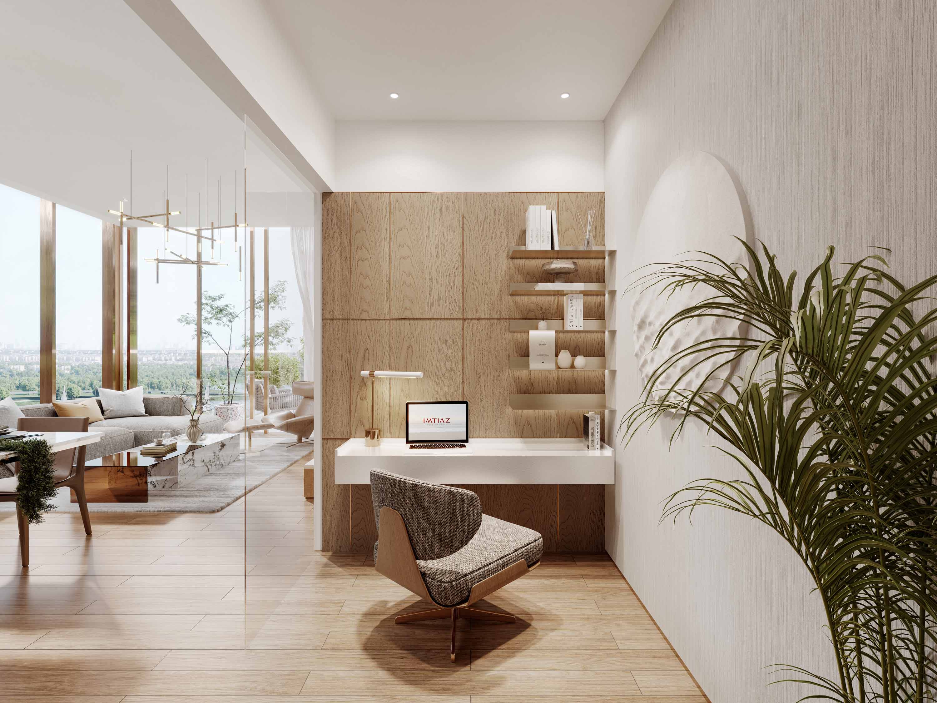 Wynwood Horizon By Imtiaz A modern workspace with a sleek desk, comfortable chair, and large windows showcasing a scenic view.